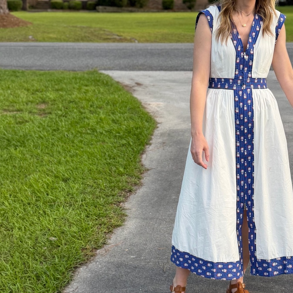 Vestique White Maxi Dress with Blue Embroidered Trim